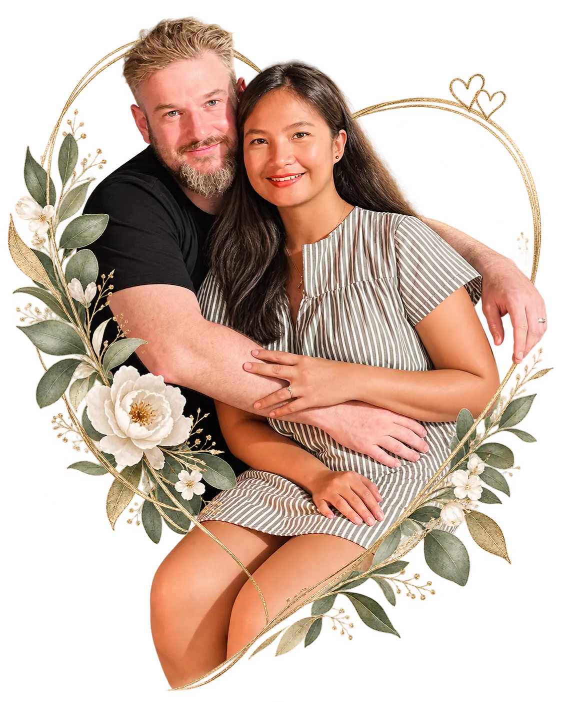 Alyssa and Steven together within a gold floral heart